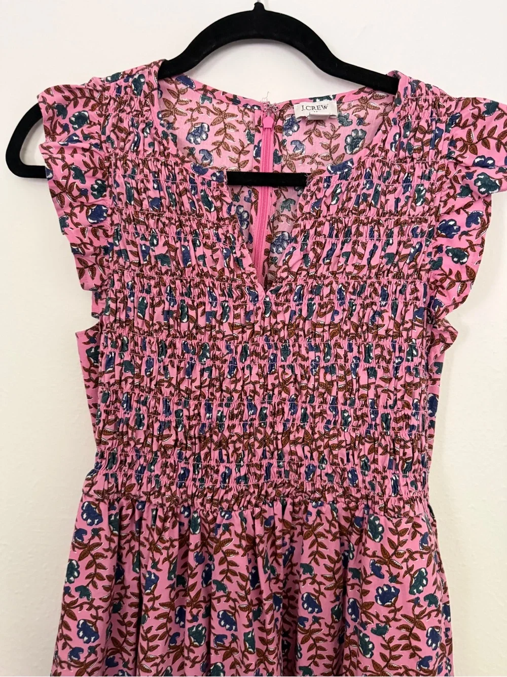 J. Crew Smocked Pink Floral Flutter-Sleeve Midi Dress Size Small
